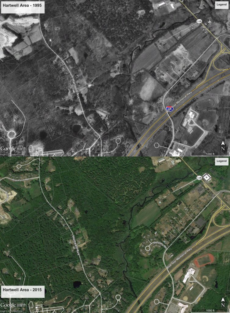 image of before and after views of an area from Google Earth's Historical Imagery.